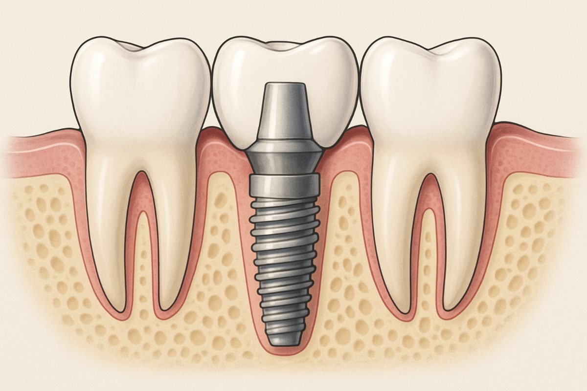 Image of a close up of a dentist pointing to a metal "root dental implant" inside of a patient's mouth. No text on the image.