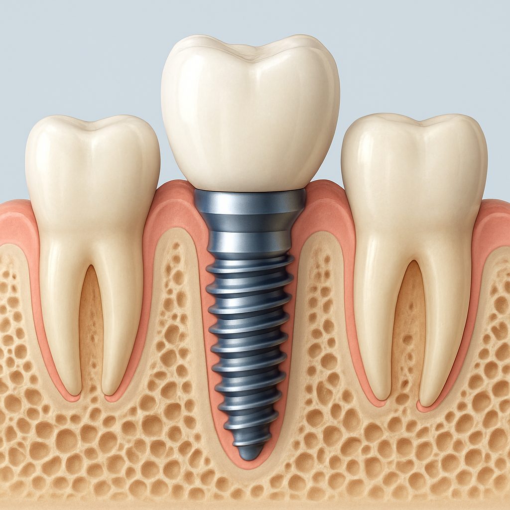 Image of a close up of a dentist pointing to a metal "root dental implant" inside of a patient's mouth. No text on the image.