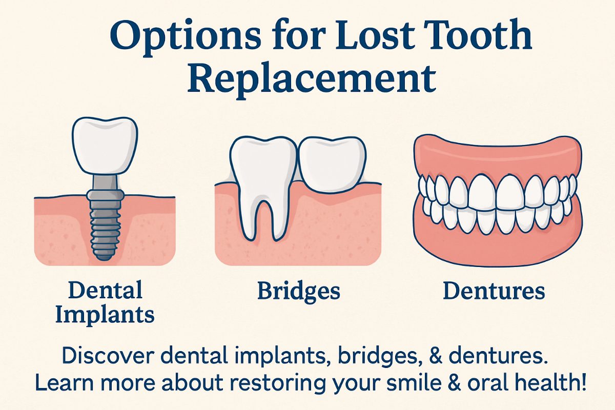 Photo showcasing the different options for tooth replacement. In the photo are examples of dentures, implants and bridges. No text on the image.