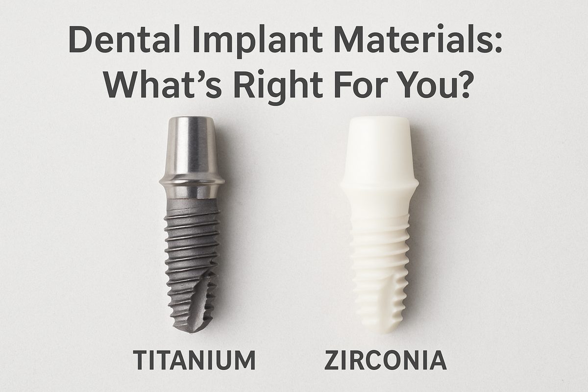 Close-up image comparing a titanium dental implant and a zirconia dental implant. Text on image says "Dental Implant Materials: What's Right For You?"