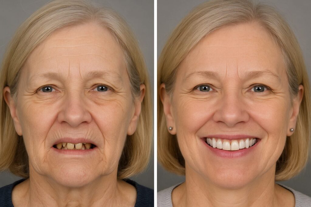 Before-and-after image of a patient who has had all of their teeth replaced with dental implants. The after image showcases a bright, full smile. No text on image.