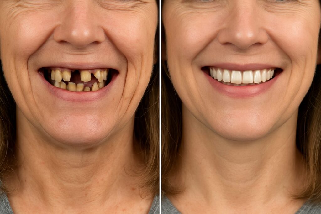 Image showcasing the transformation of a patient's smile before and after receiving a full mouth implant. The "before" side shows missing or damaged teeth, while the "after" side displays a complete, natural-looking set of teeth. No text on the image.