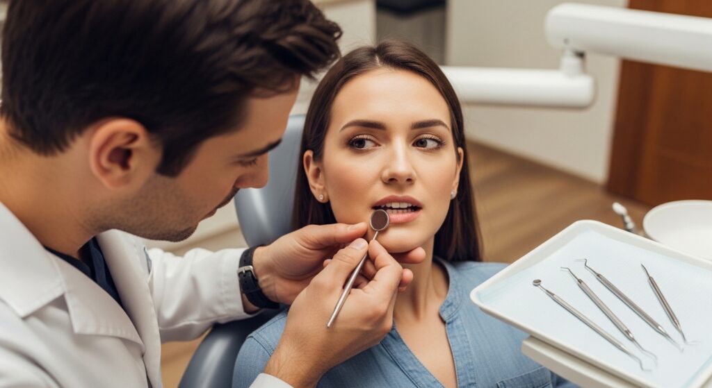 Dental professional examining a dental implant in a modern clinic setting