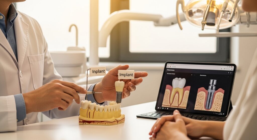 Dentist explains inplant vs implant differences to patient.